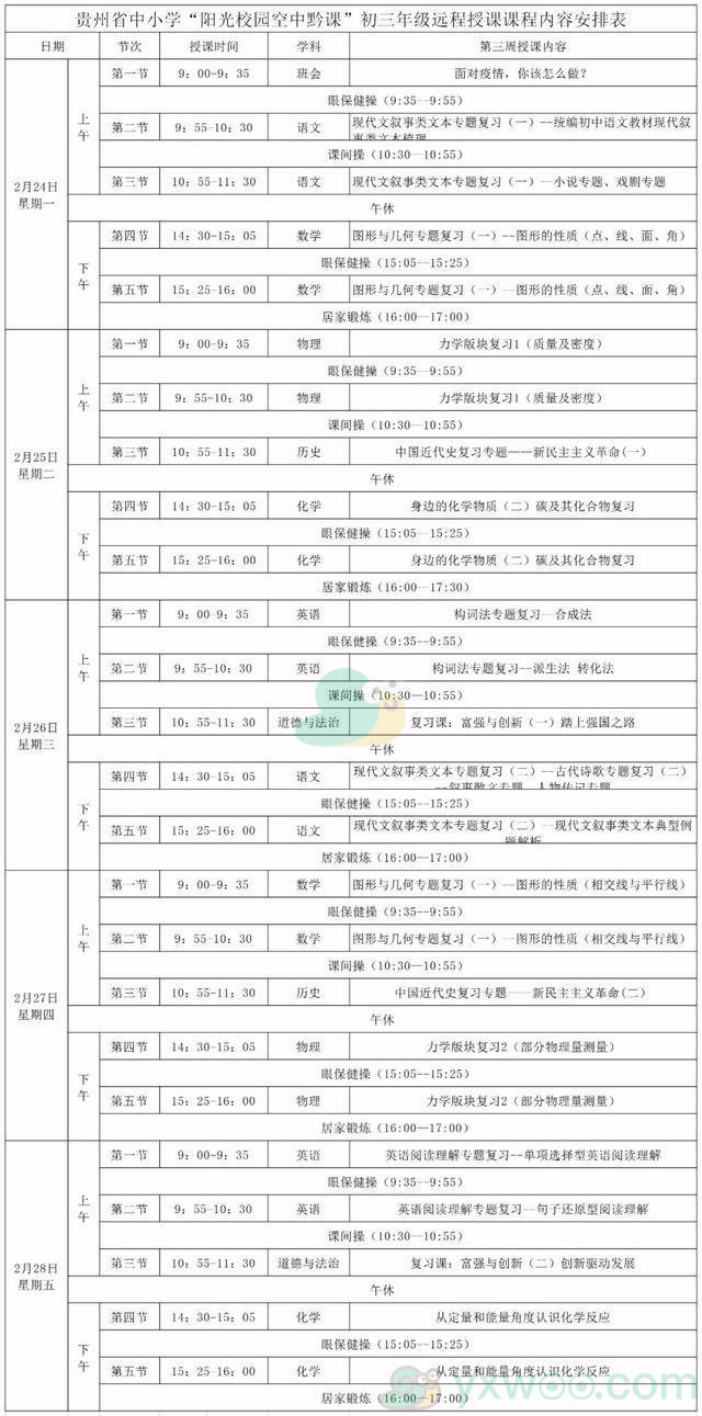 《阳光校园空中黔课》初三年级第三周课表