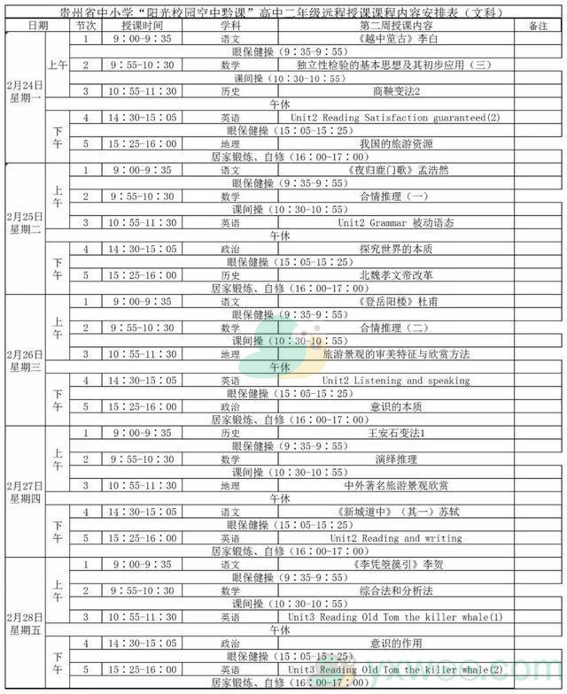 《阳光校园空中黔课》高二年级（文科）第二周课表