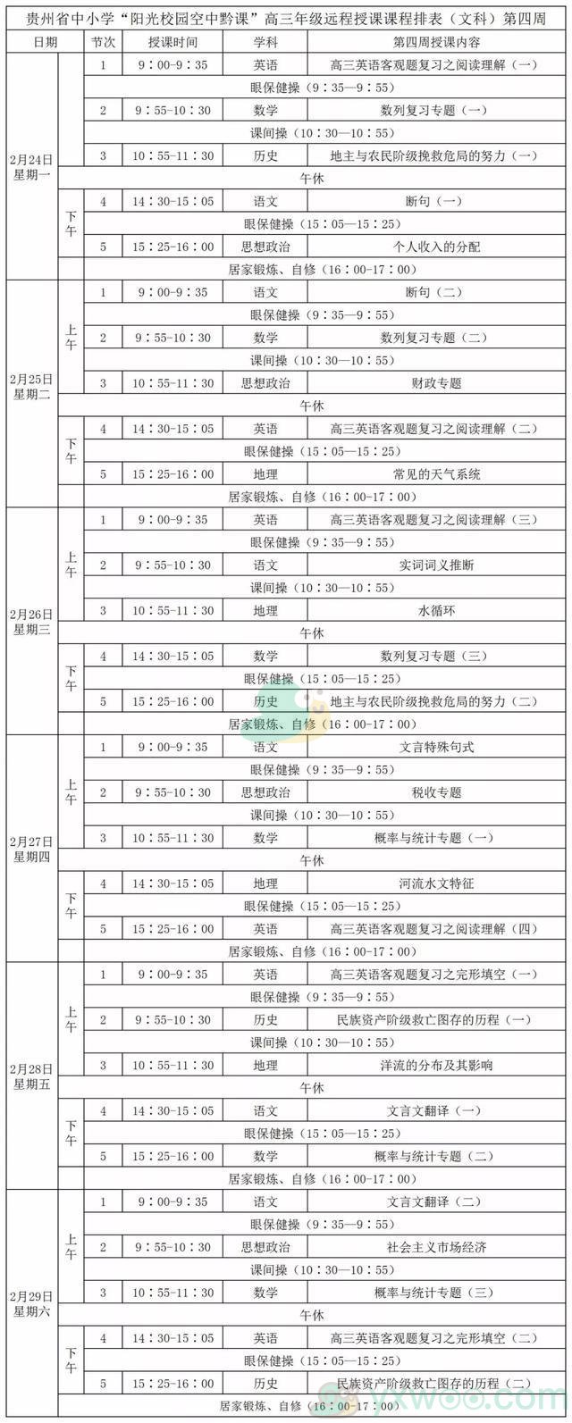 《阳光校园空中黔课》高三年级（文科）第四周课表