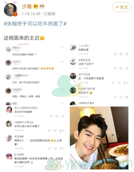 张翰终于可以吃牛肉面了是什么梗